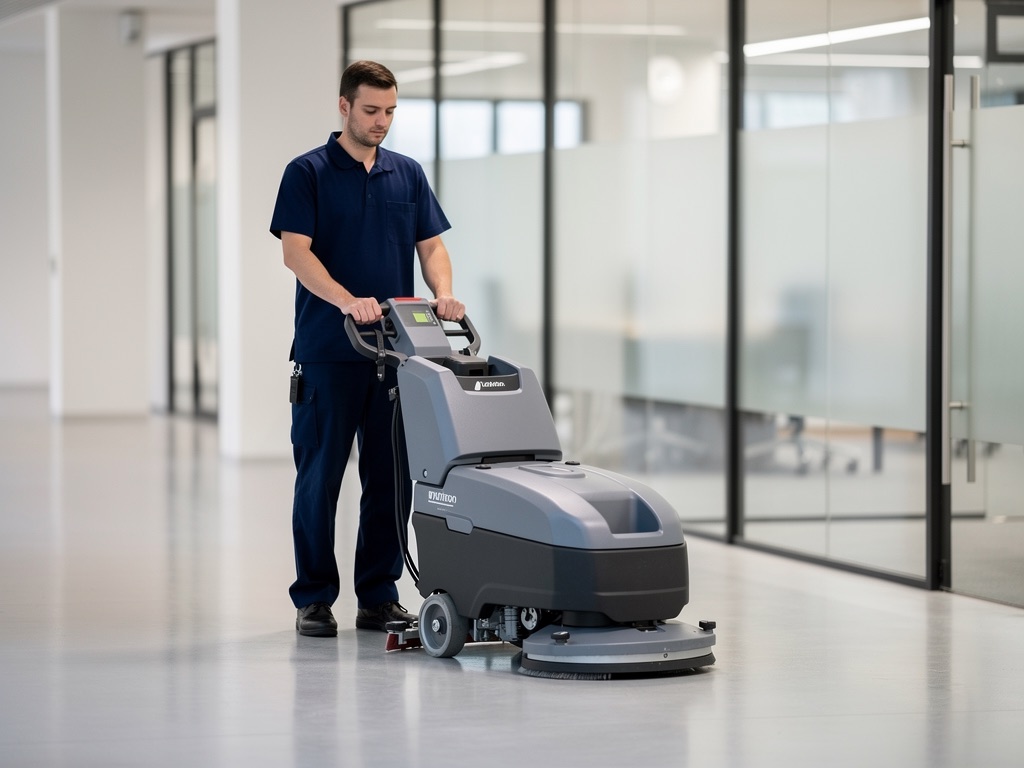 Walk-behind floor scrubber polishing a corridor floor