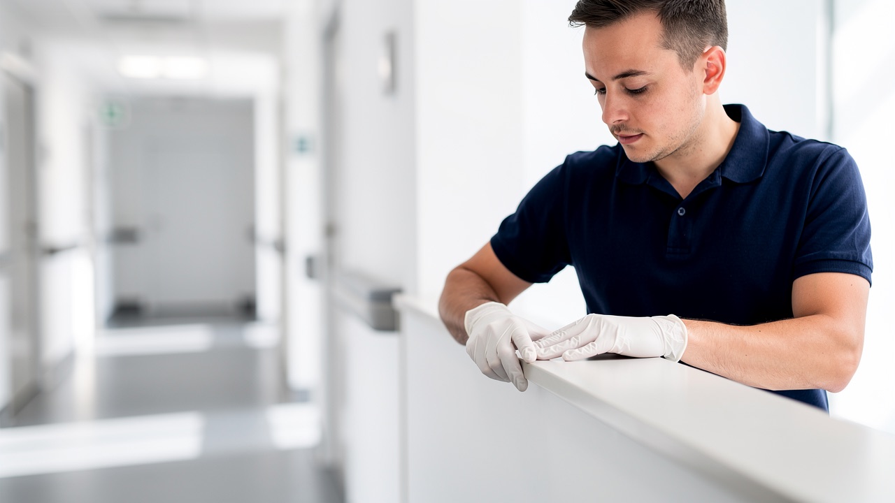 DoctorKleen supervisor in white gloves checking a ledge for dust in a medical office corridor