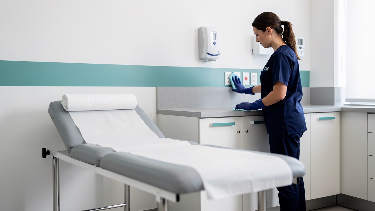 Technician cleaning high-touch surfaces in a modern exam room