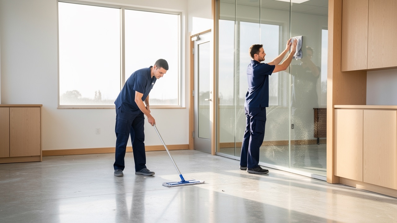 Crew performing a final clean in a newly built commercial interior