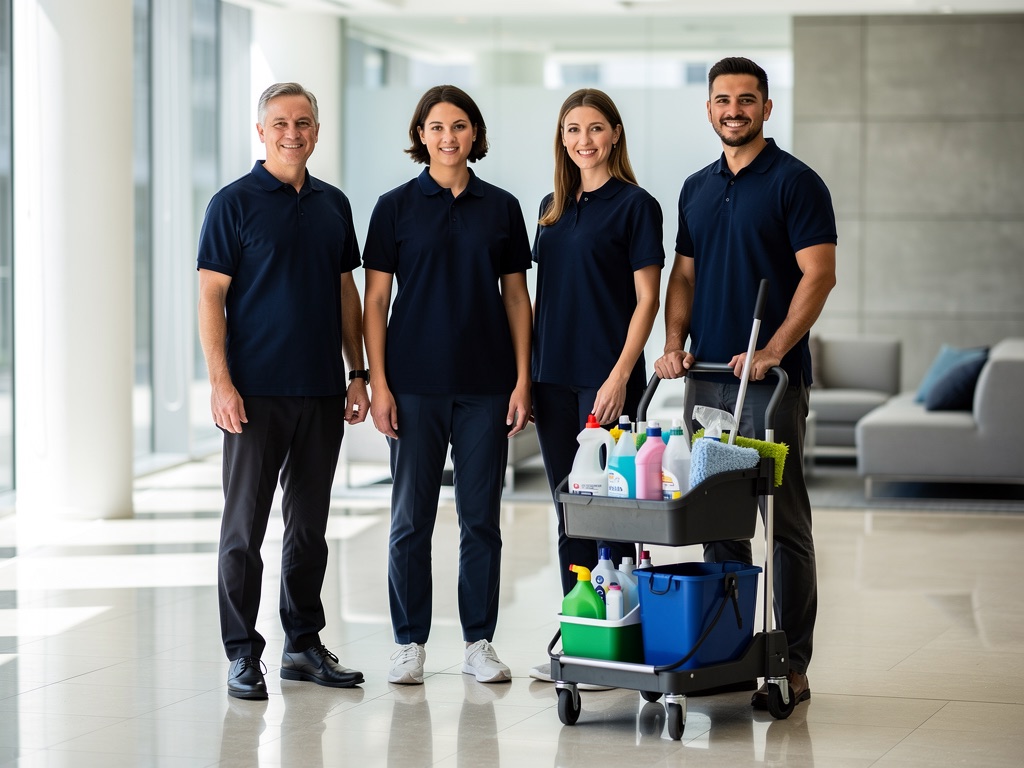 The DoctorKleen team in uniform in a modern office lobby